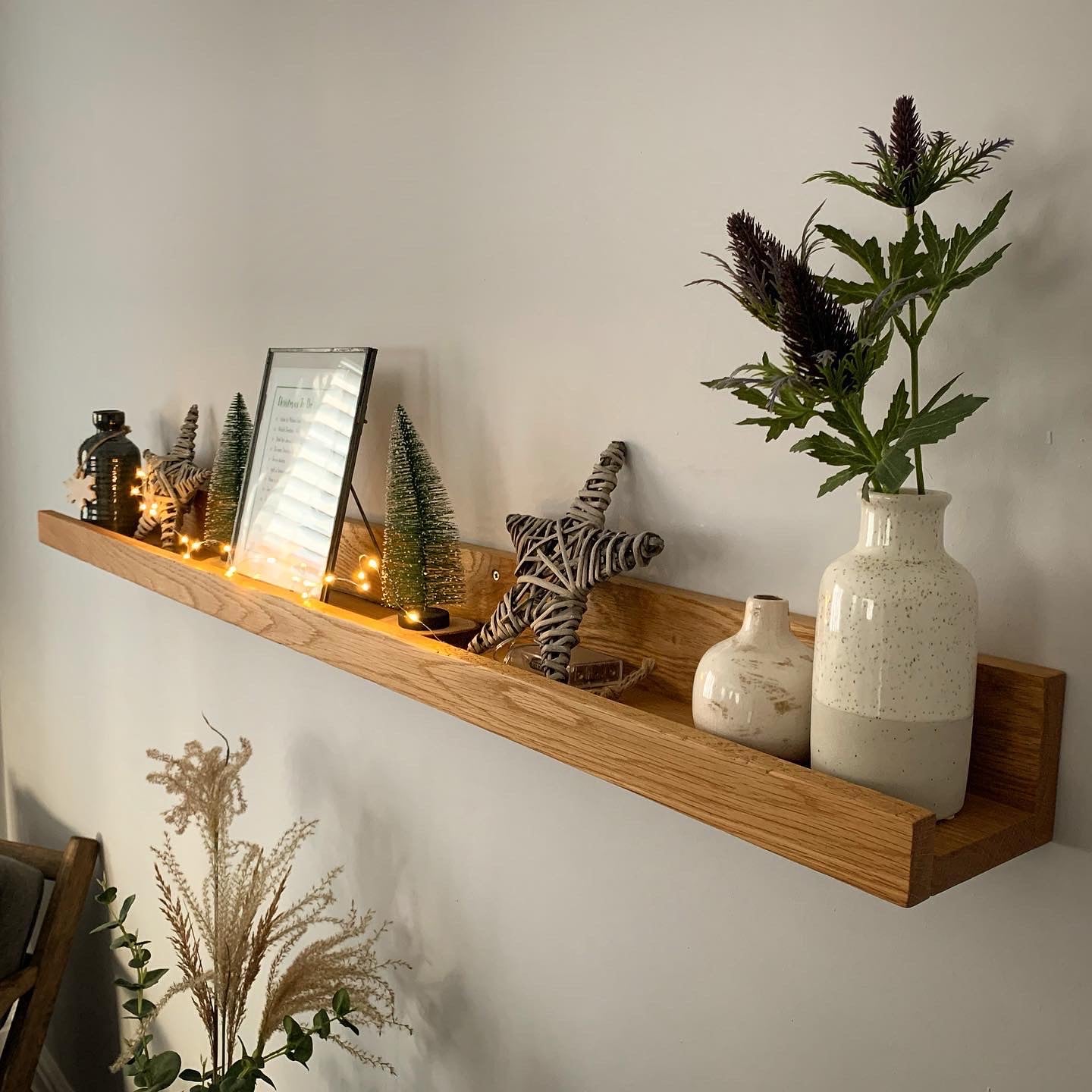 premium oak shelf, deep picture ledge, solid wood shelf