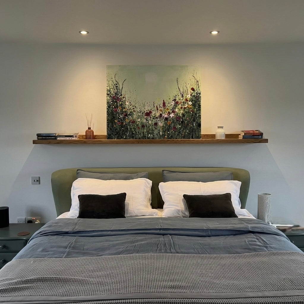 bedroom wall ledge, large oak shelf. 
