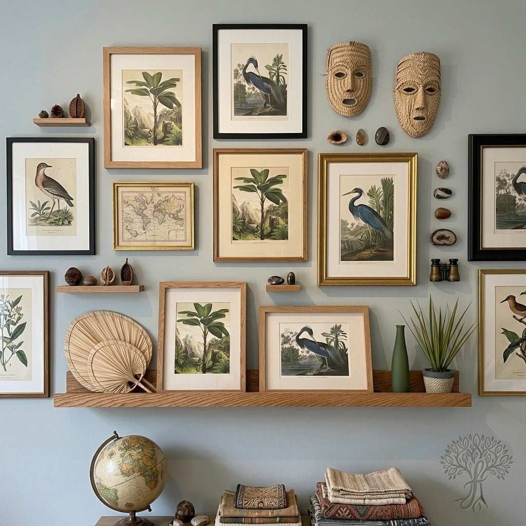 oak picture ledge, oak shelf, solid wood floating shelf, framed botanical prints