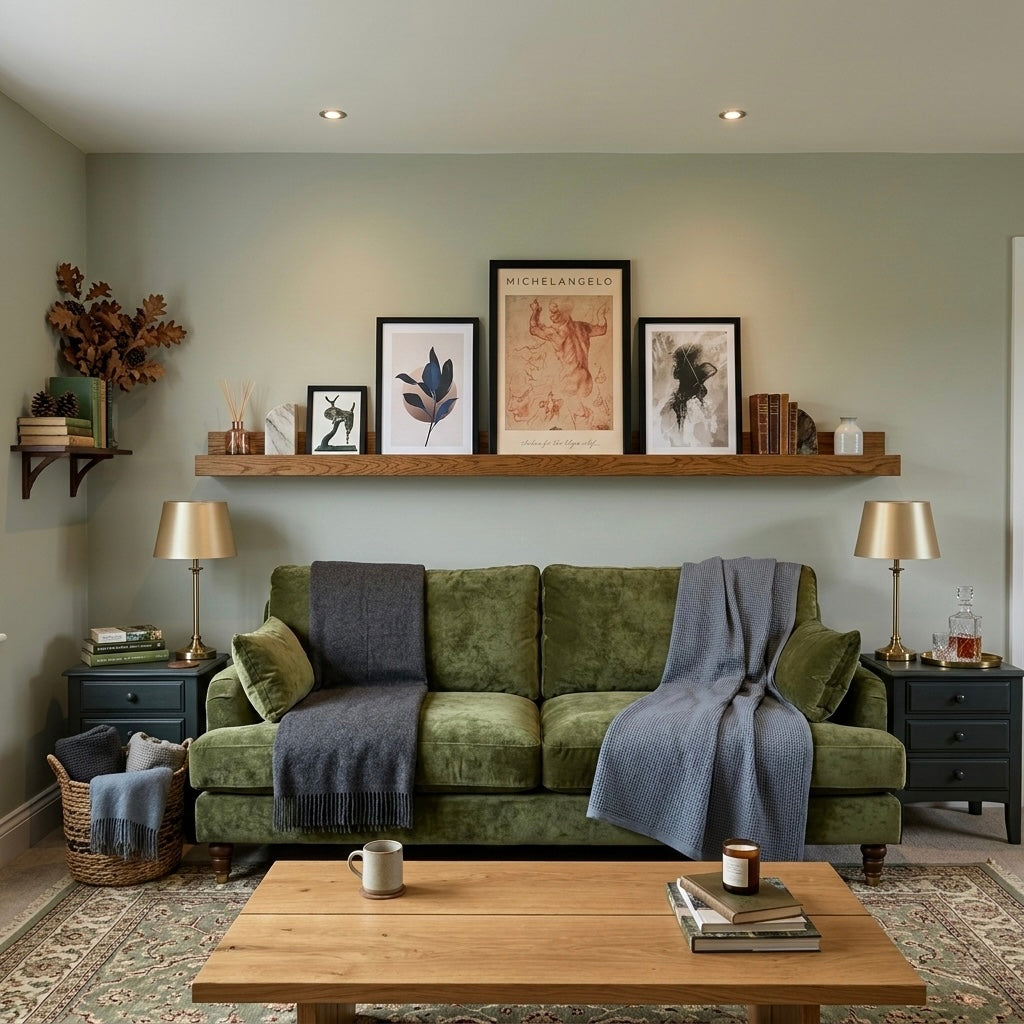 large floating shelf, gallery wall ledge, solid oak shelf.