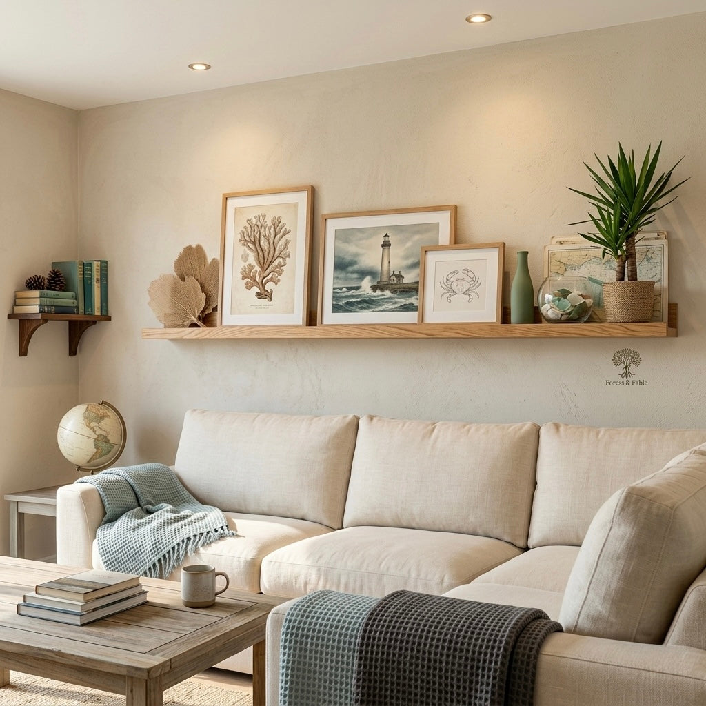 living room shelving, oak ledge shelf, solid oak accessories.