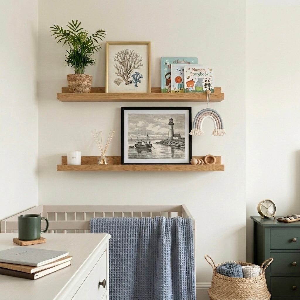 nursery wall decor, stacked oak shelves, nursery gallery wall, Child's room shelf.