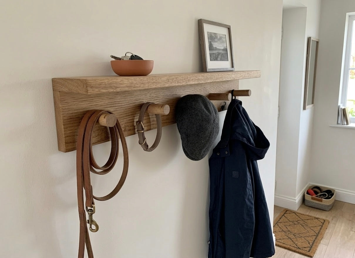 Wooden wall-mounted coat rack with a coat, hat, and dog lead hanging on it in a room. Keys holder.