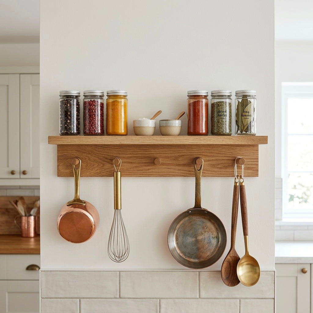 Wooden shelf with jars, pots, pans, and utensils in a kitchen setting