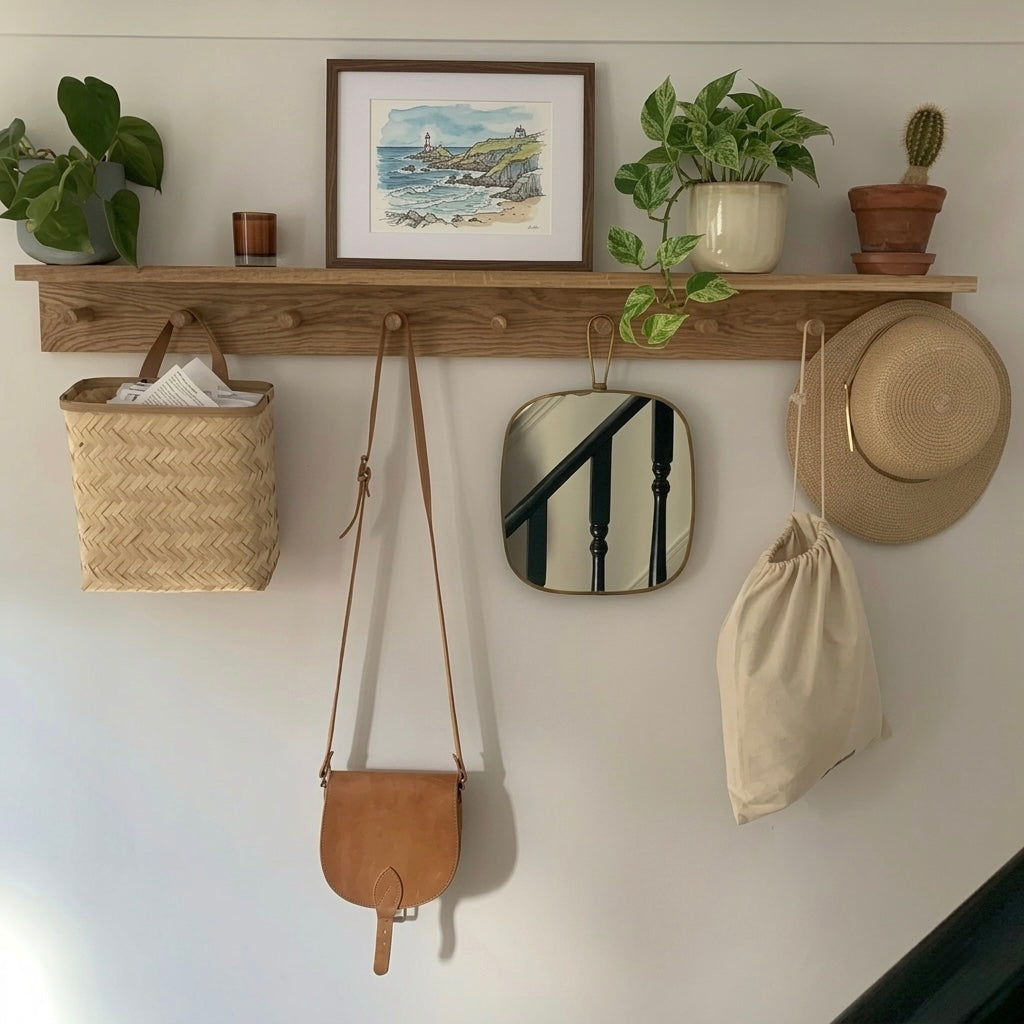 Wall-mounted shelf with various items including a basket, bag, and plant.