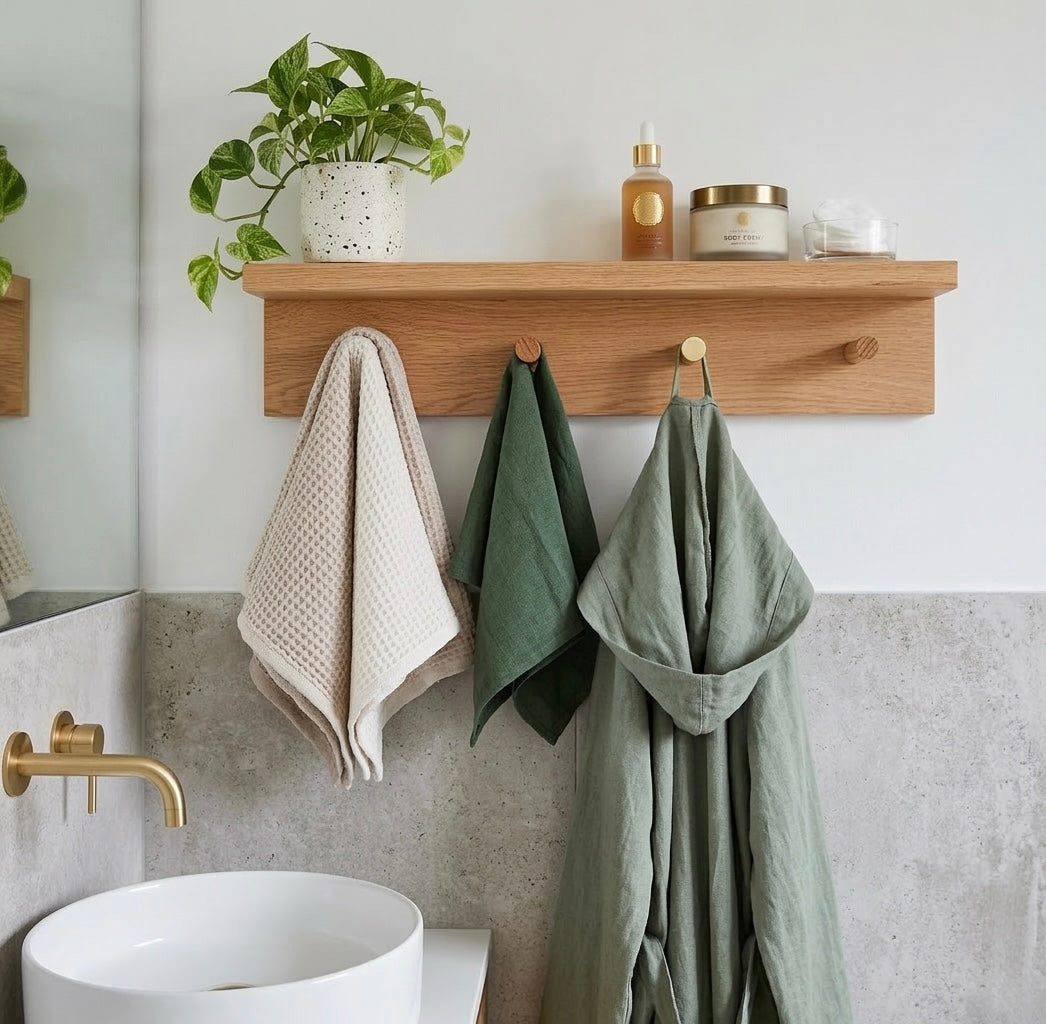 Bathroom with wooden shelf, towels, and plants on a light gray wall.