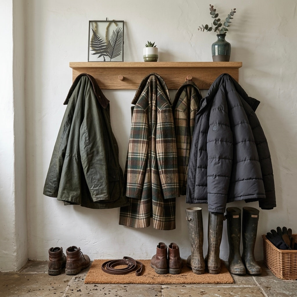 Heavy coats hanging on shaker peg rail. boot room shelf.