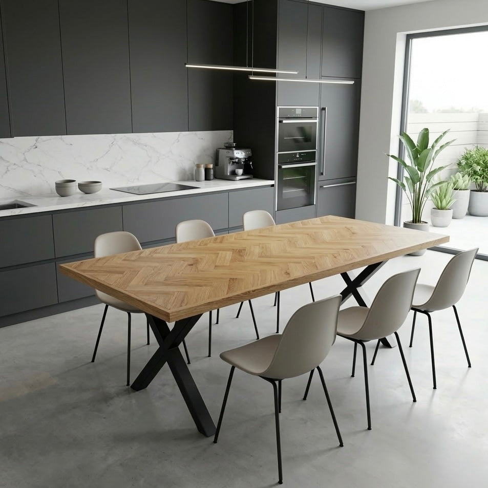 Modern kitchen with a herringbone wooden dining table and chairs