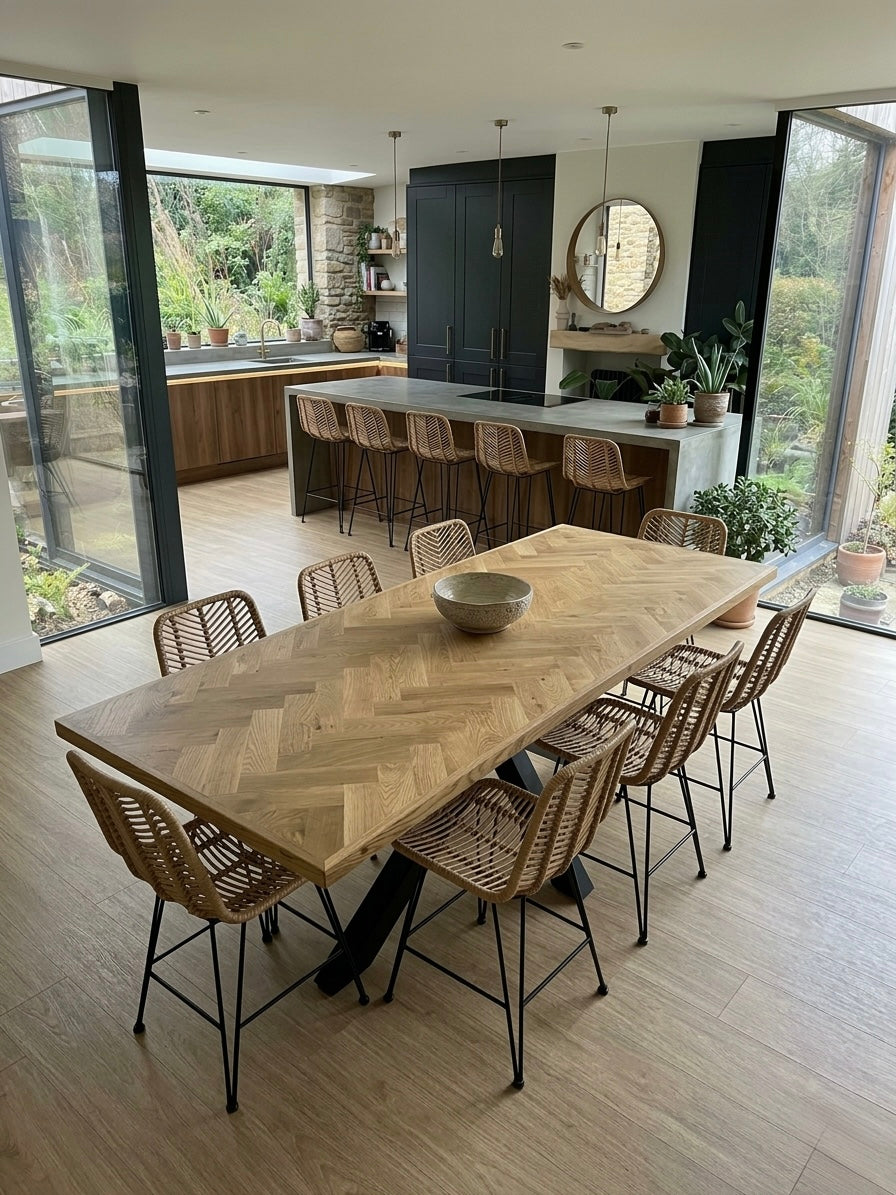 Large 8 seater herringbone dining table with black metal spider legs. in. modern open plan kitchen diner, with wicker chairs.