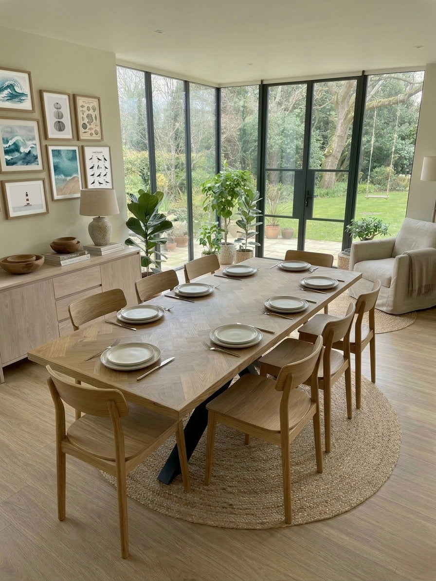 Family home dining table for 8. table set with wooden chairs. 