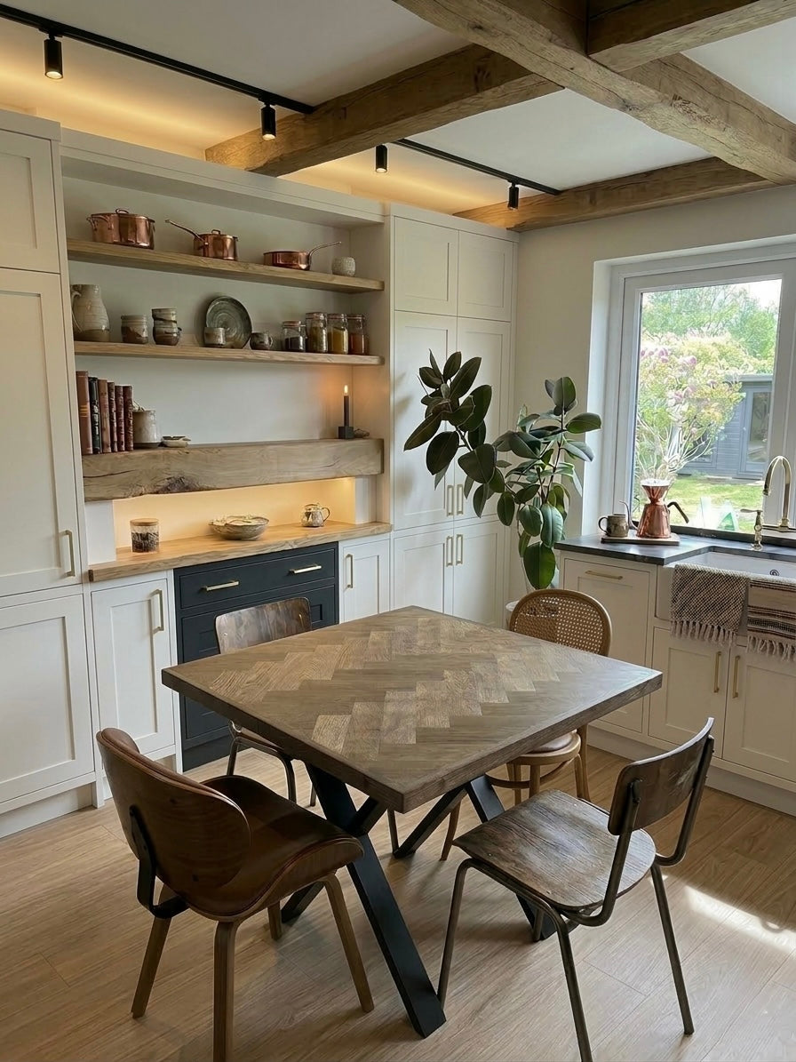 Modern kitchen with small wooden dining table and chairs, white cabinets, and a window view.