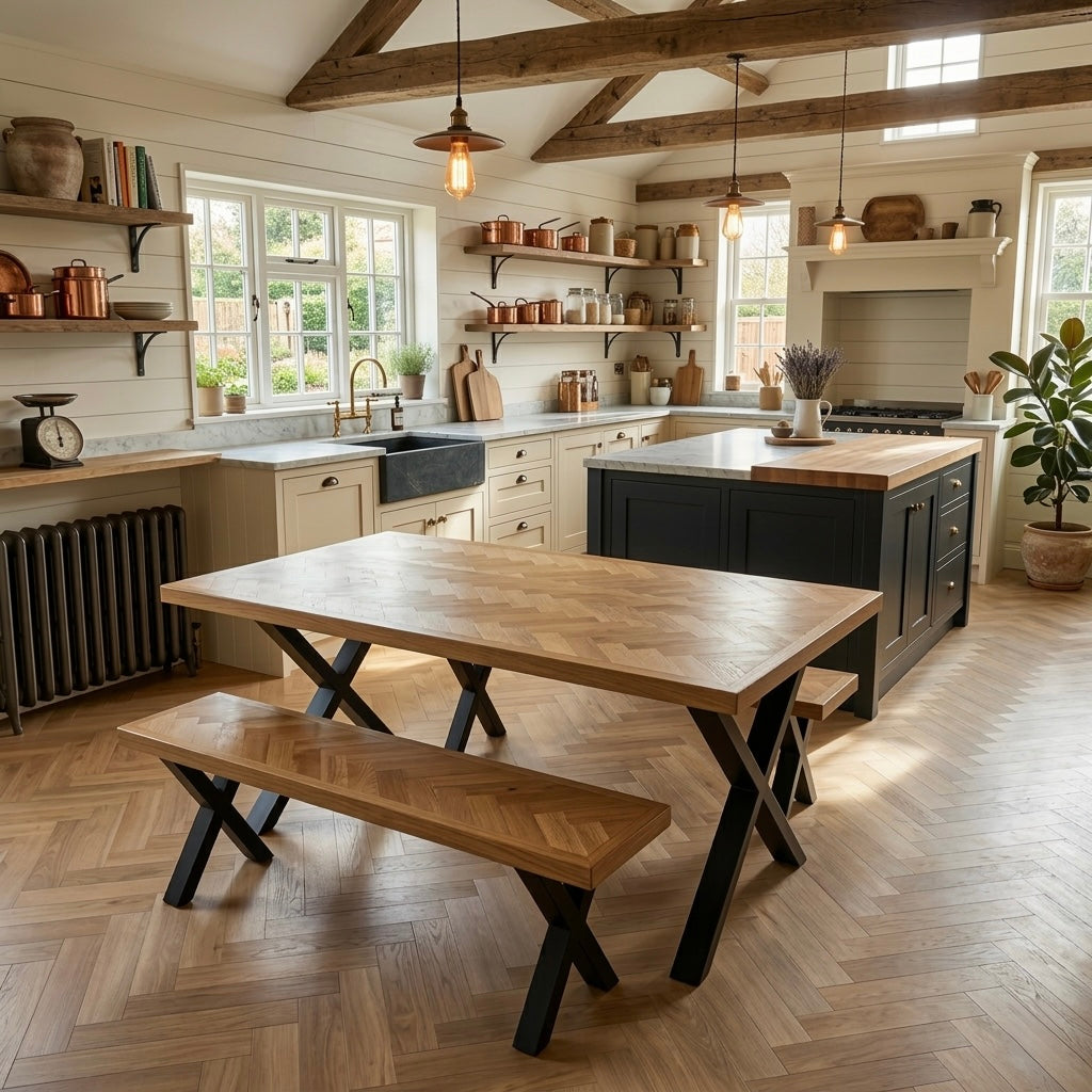 Solid Oak Herringbone Dining Table with Black X-Frame Steel Legs and matching bench by Forest and Fable