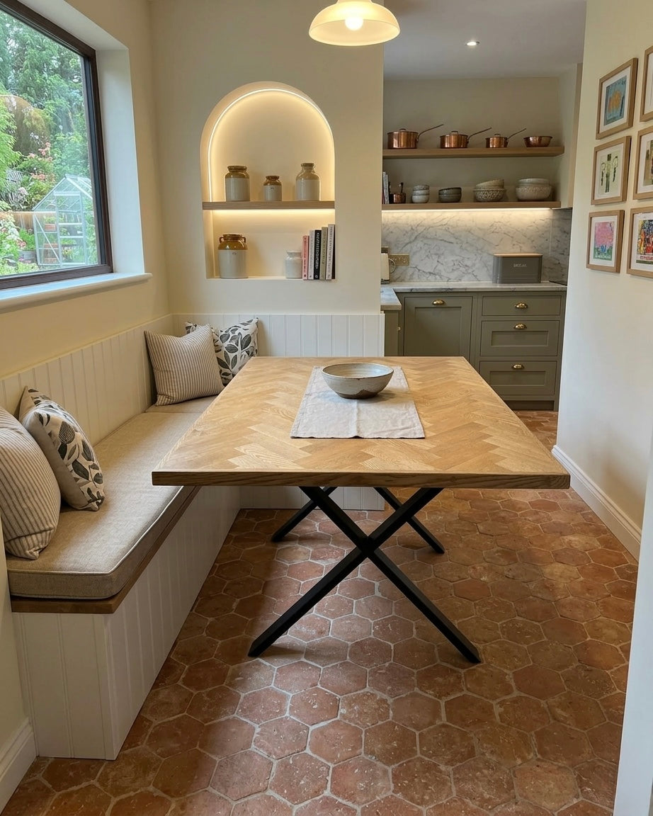 Morden kitchen with bench alcove seating, Spanish style tiled floor. oak parquet dining table with x-style legs.