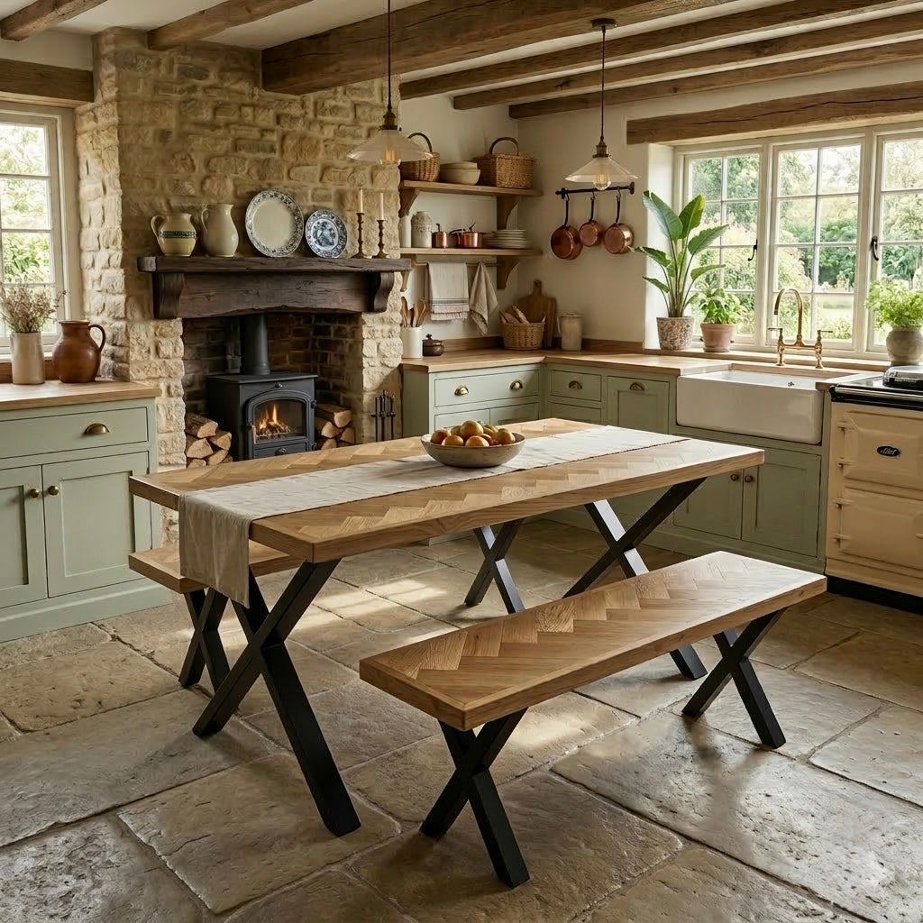 Handmade oak dining table and matching nesting bench set for 6 people
