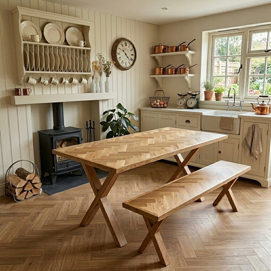 Solid Oak Herringbone Dining Table & Bench Set | All-Wood X-Frame