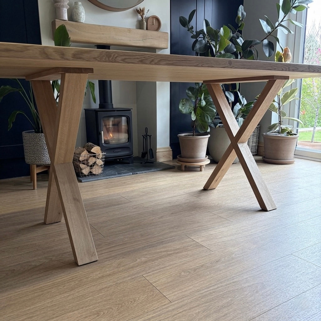Solid Oak Herringbone Dining Table & Bench Set | All-Wood X-Frame