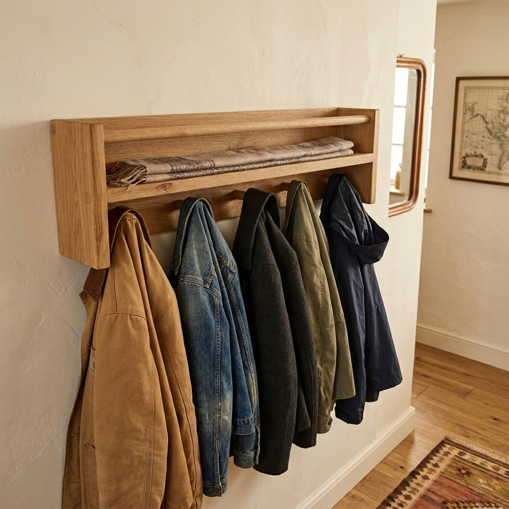 Wooden coat rack with hanging jackets in a home setting