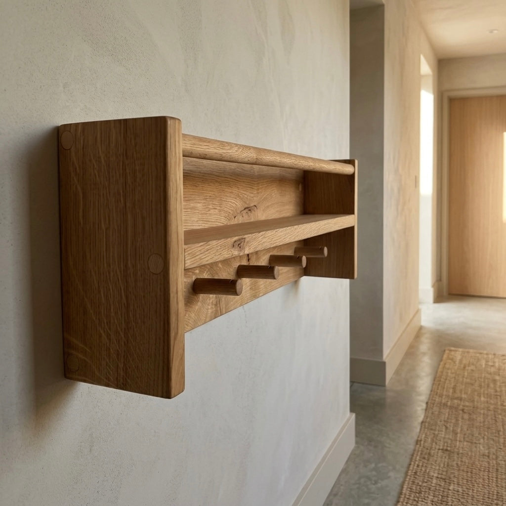 Wooden wall-mounted shelf with hooks in a modern interior setting