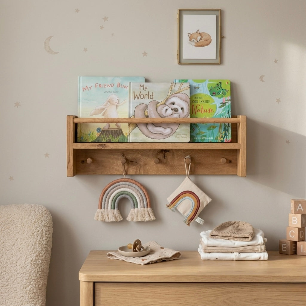 Wooden shelf with children's books and decorative items in a nursery setting