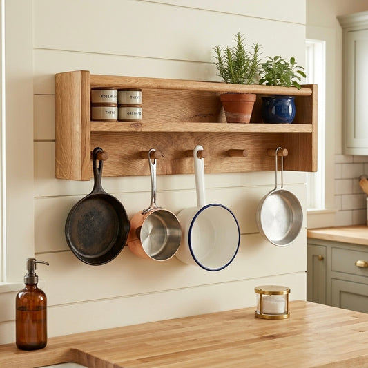 Wooden shelf with hanging pots and pans in a kitchen setting