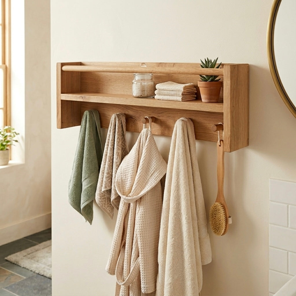 Wooden shelf with towels and a brush in a bathroom setting