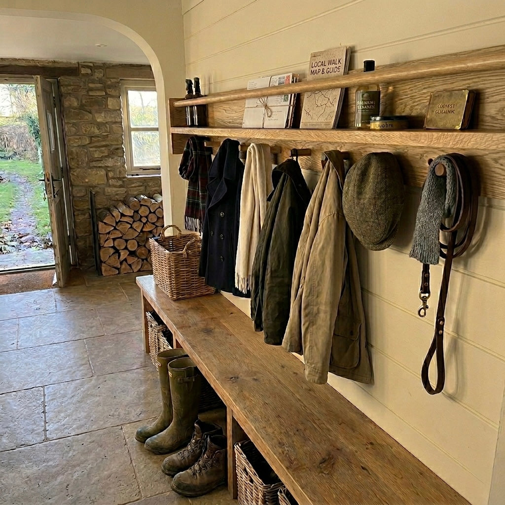 Entryway with wooden bench, coats, boots, and a shelf with books and a map.