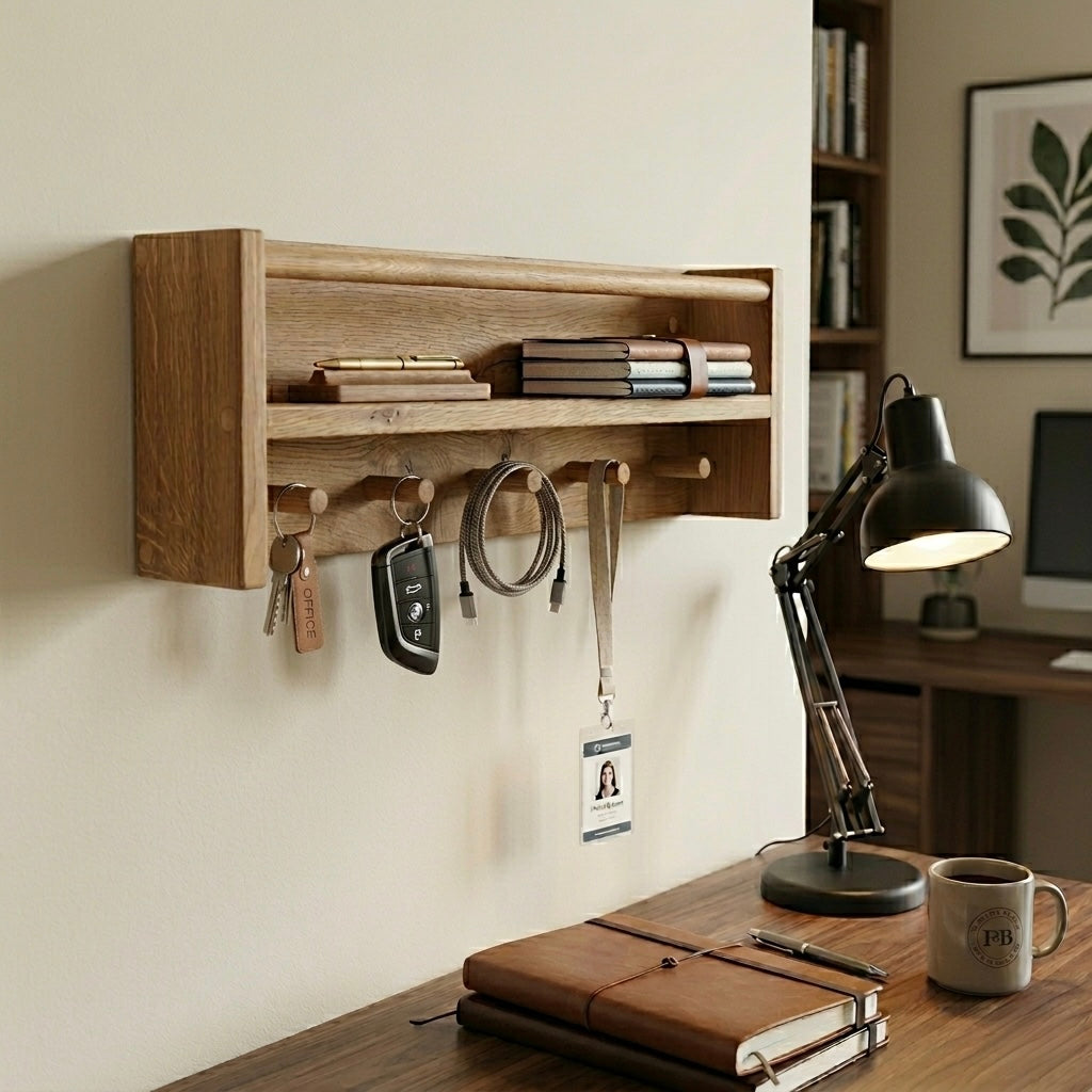 Wooden wall-mounted organizer with shelves, hooks, and a desk setup with a lamp and books.