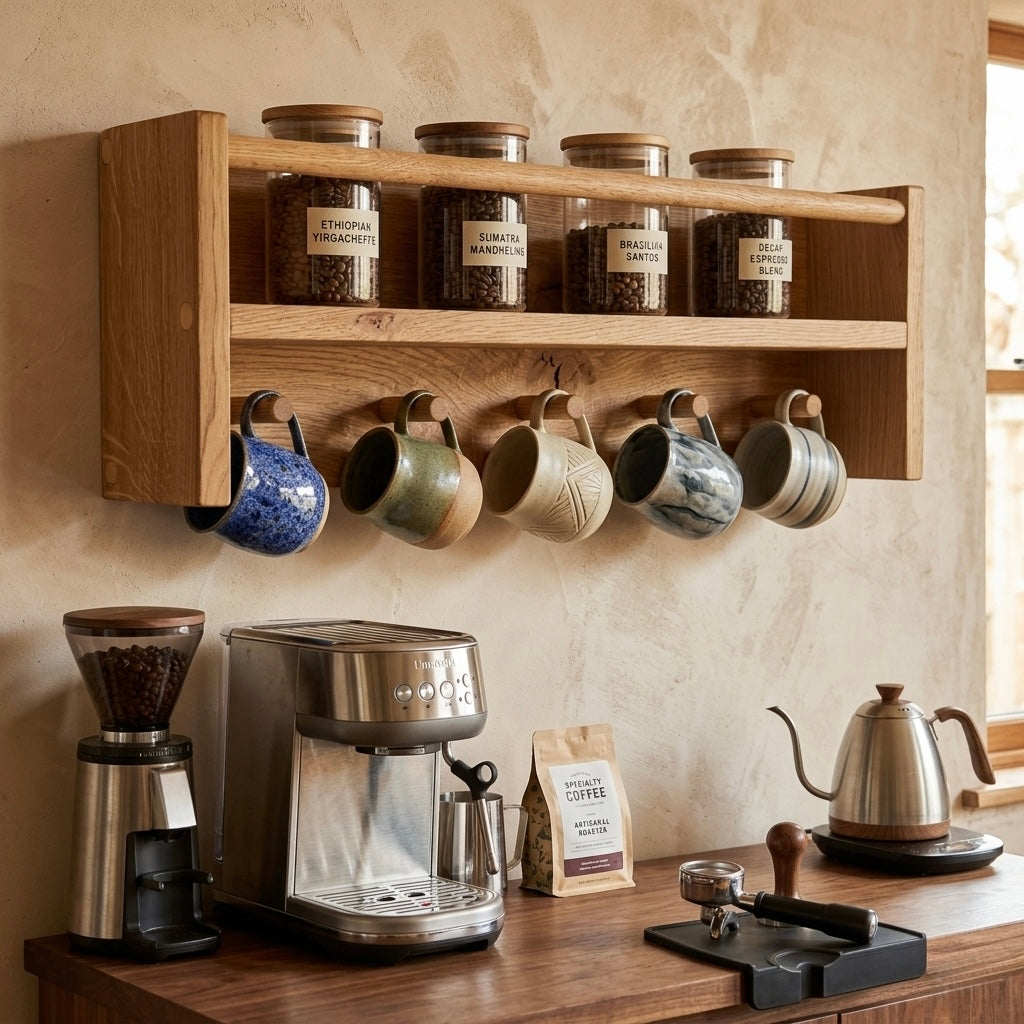 Coffee station with wooden shelf, coffee grinder, espresso machine, and mugs.