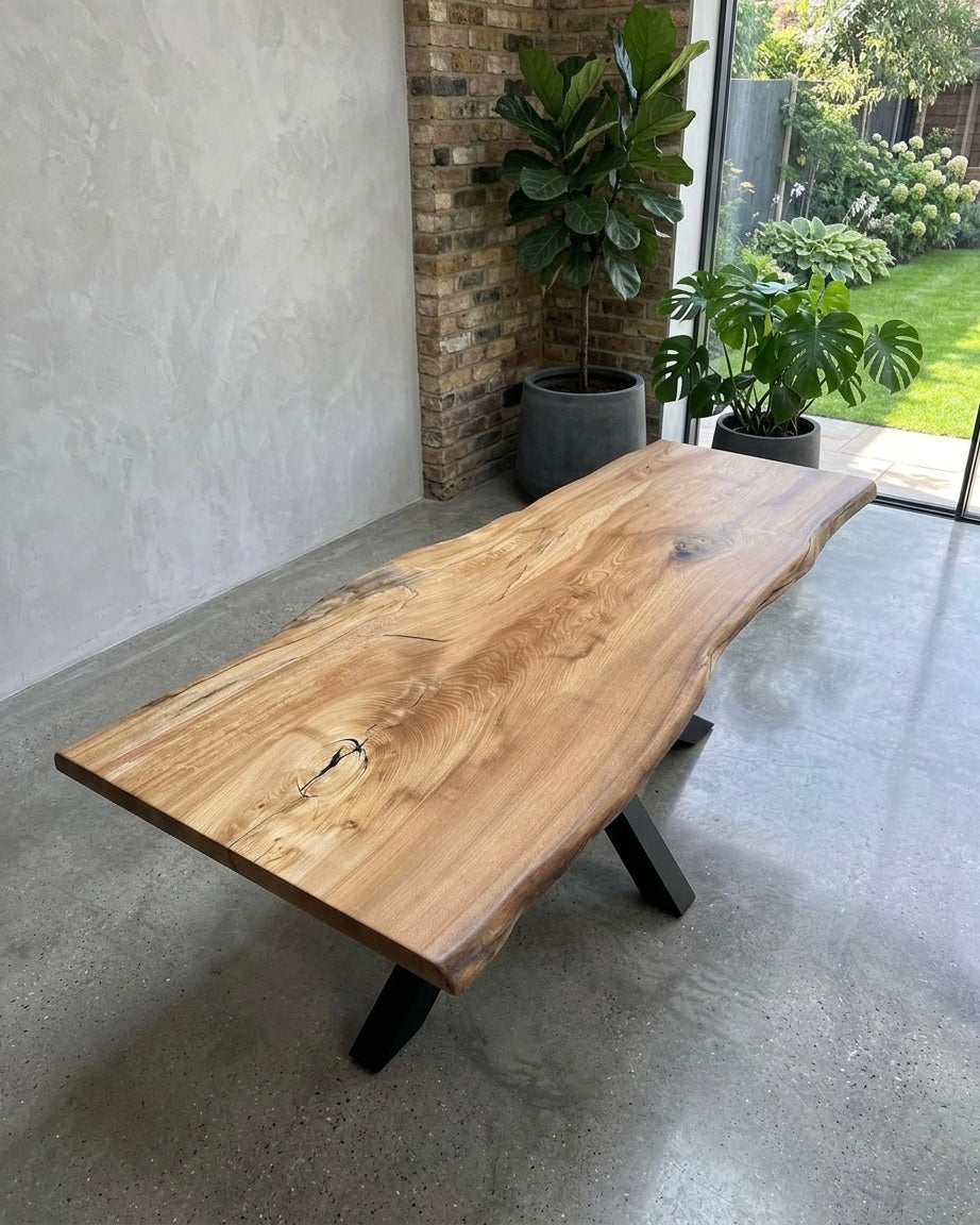 Wooden dining table with natural finish in a modern indoor setting with plants and a garden view.