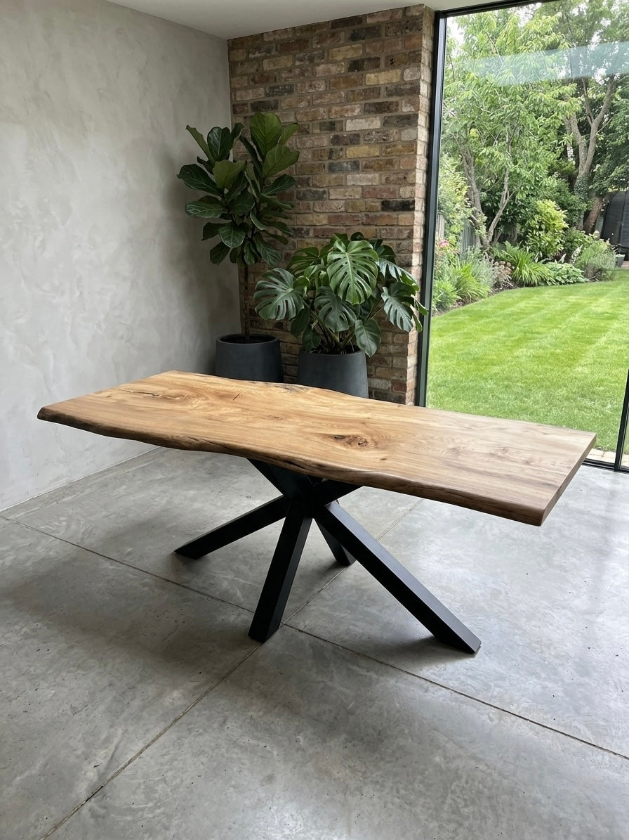 Wooden dining table with black metal legs in a modern interior setting with plants and a garden view.