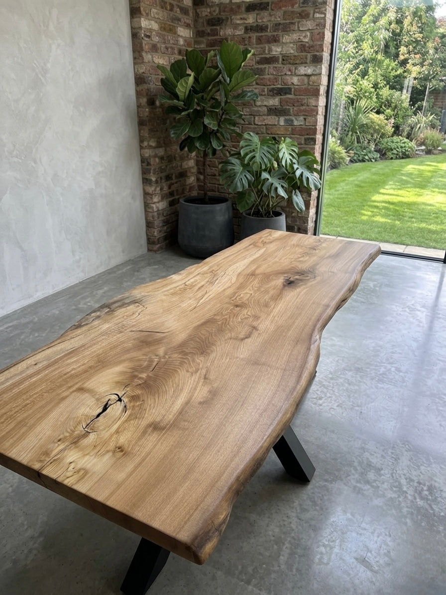 Wooden dining table with natural edge design in a modern indoor setting with plants and a view of greenery outside.