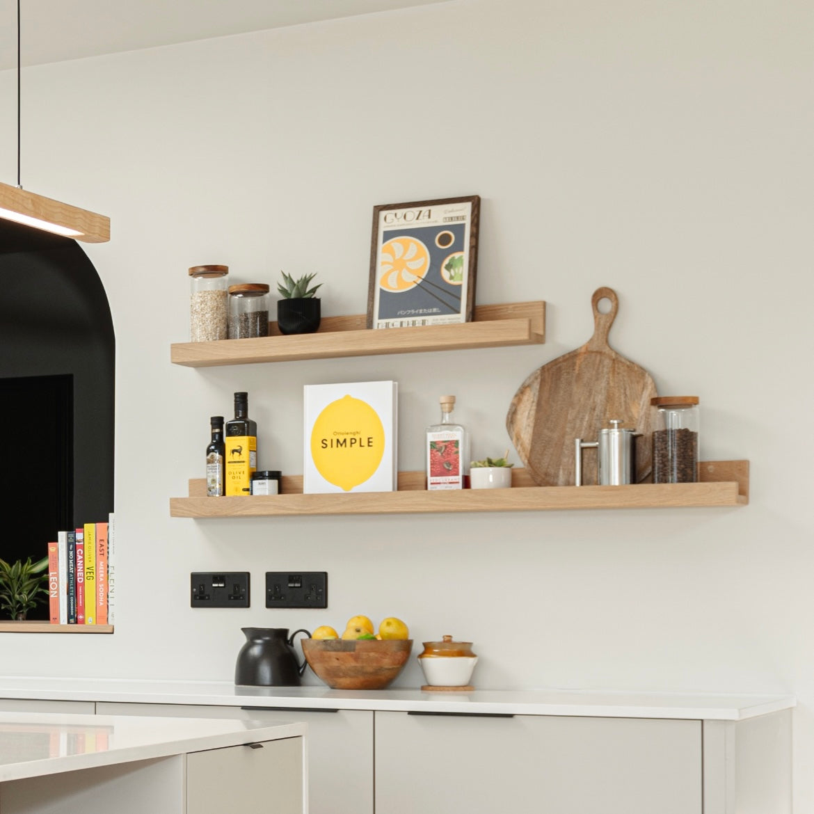 Modern kitchen shelving, book shelf, kitchen storage shelf. 